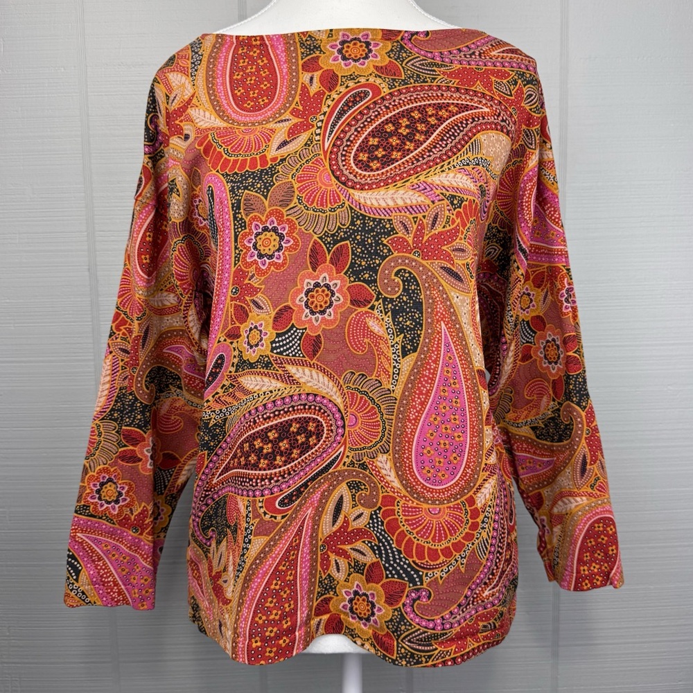 Jones New York Signature Paisley Boat Neck Dolman Sleeve Top Silk Y2K Boho 70s L